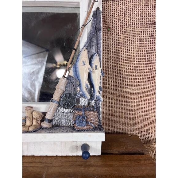 Wood Nautical “Gone Fishing” Theme Mirror with 2 Hanger Shelf~Bathroom Decor - Picture 2 of 9